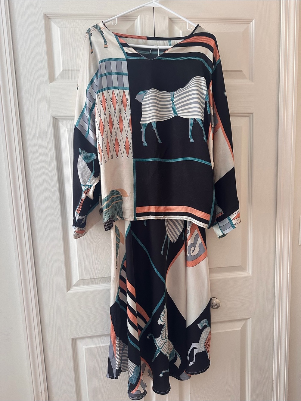 Printed Long Sleeve Midi Dress in Black, Cream & Teal